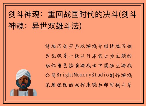 剑斗神魂：重回战国时代的决斗(剑斗神魂：异世双雄斗法)