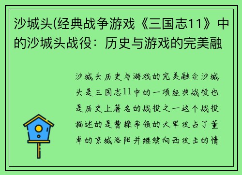 沙城头(经典战争游戏《三国志11》中的沙城头战役:历史与游戏的完美融合)